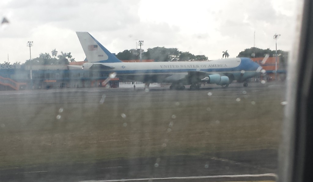 Airforce One from a rainy airplane window.